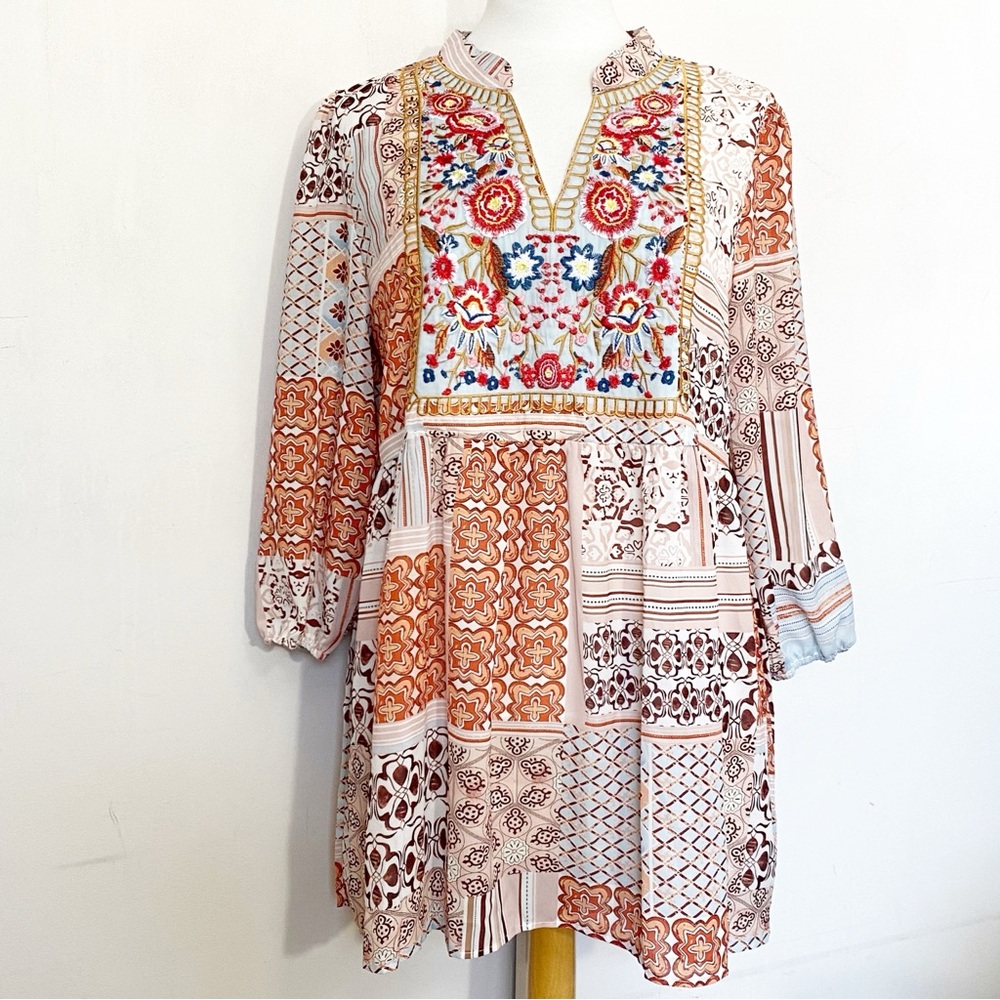 Unbranded Bohemian Semi Sheer Embroidered Yoke Patchwork Print Tunic Blouse L